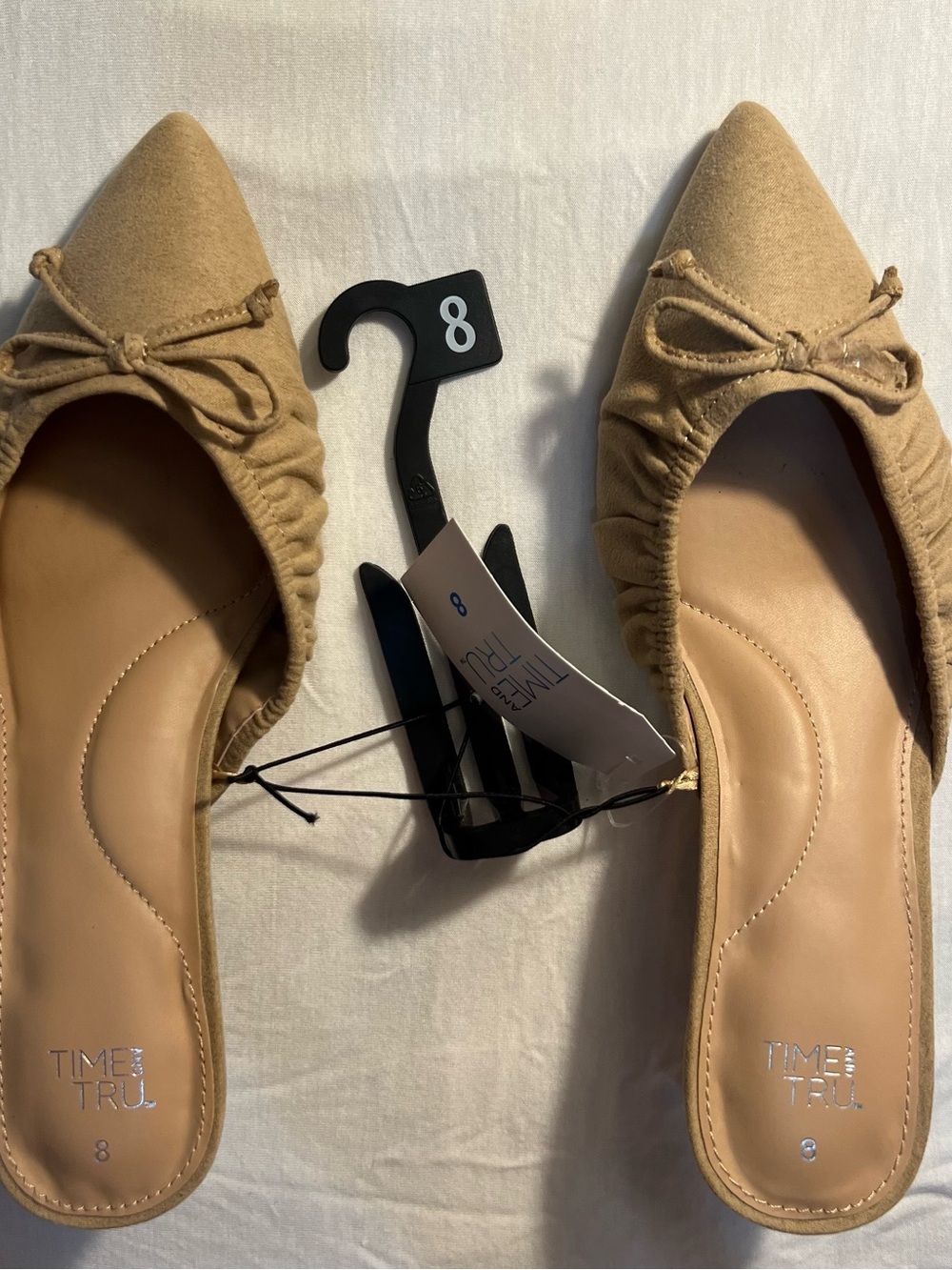 Time and Tru Beige Pointed Slip-On Flats with Bow Detail